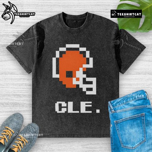 Alt Text: Top Cleveland Browns football helmet pixel washed t-shirt featuring vibrant team colors and a stylish design.