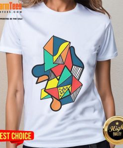 Colorful abstract geometric shapes on a ladies tee, perfect for vibrant fashion and trendy casual wear.