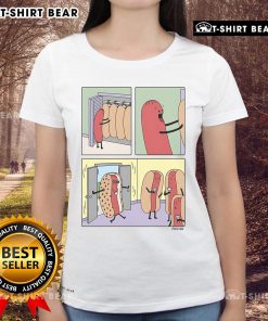 Stylish ladies tee featuring a fun hot dog graphic, perfect for casual wear and summer outings. Top cool hot dog dress design.