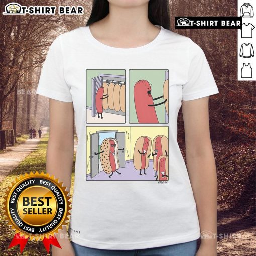Stylish ladies tee featuring a fun hot dog graphic, perfect for casual wear and summer outings. Top cool hot dog dress design.