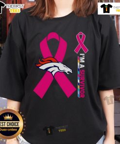 Top Denver Broncos X Cancer Awareness 'I'm A Survivor' ladies tee showcasing support for cancer survivors in team colors.