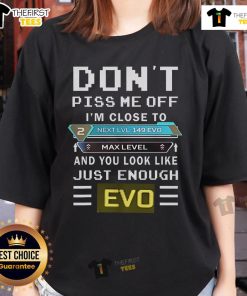 Alt Text: Top Don't Piss Me Off I'm Close to Max Level Evo Ladies Tee featuring a bold graphic design and vibrant colors.