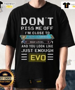 Alt Text: Funny 'Don't Piss Me Off I'm Close To Max Level' T-Shirt for gamers, featuring evolution graphics and bold text design.