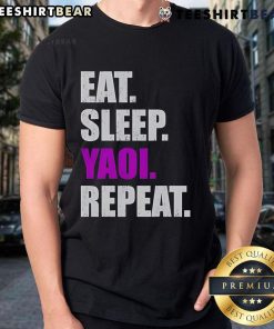 Alt Text: Top Eat Sleep Yaoi Repeat 2025 T-Shirt featuring vibrant graphics for anime and manga fans.