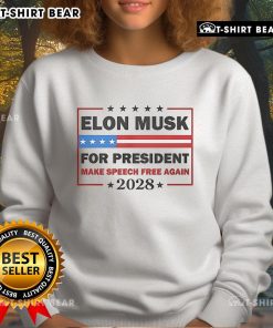 Elon Musk for President 2028 sweatshirt featuring 'Make Speech Free Again' slogan in bold letters.
