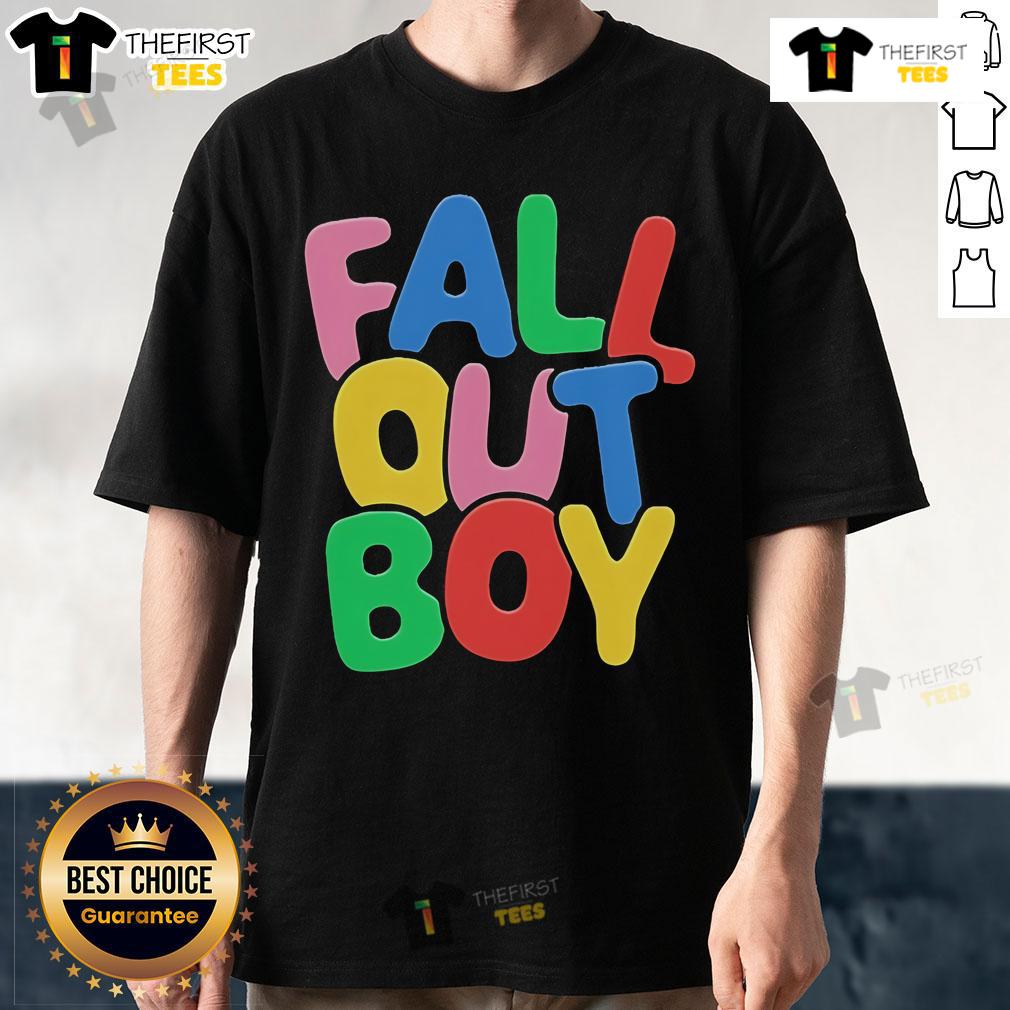 Top Fall Out Boy Summer Bubble Logo T Shirt Alt Text: Top Fall Out Boy summer bubble logo t-shirt featuring vibrant colors and iconic band design, perfect for fans.
