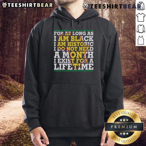 Alt Text: Black hoodie with the phrase As long as I am Black, I am historic promoting Black history and culture.