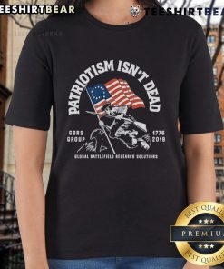 Top Global Battlefield Research Solutions Group ladies tee featuring 'Patriotism Isn't Dead' with American flag design, 1776-2019.