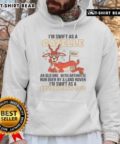 Cartoon goat wearing a hoodie, humorously depicted as swift but struggling with arthritis, under a Land Rover.