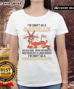 Cartoon of a goat humorously labeled I'm swift as a gazelle, featuring an old goat with arthritis and a Land Rover.
