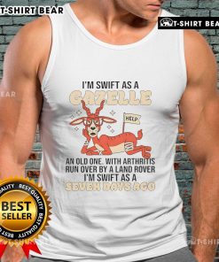 Cartoon of a goat saying 'I'm swift as a gazelle' while humorously depicted with arthritis, run over by a Land Rover tank top.