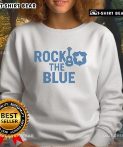 Top guitar and badge graphic on a stylish blue sweatshirt, perfect for music lovers and rock enthusiasts.