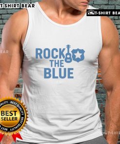 Top guitar and badge on a rock-themed blue tank top, perfect for music lovers and festival enthusiasts.