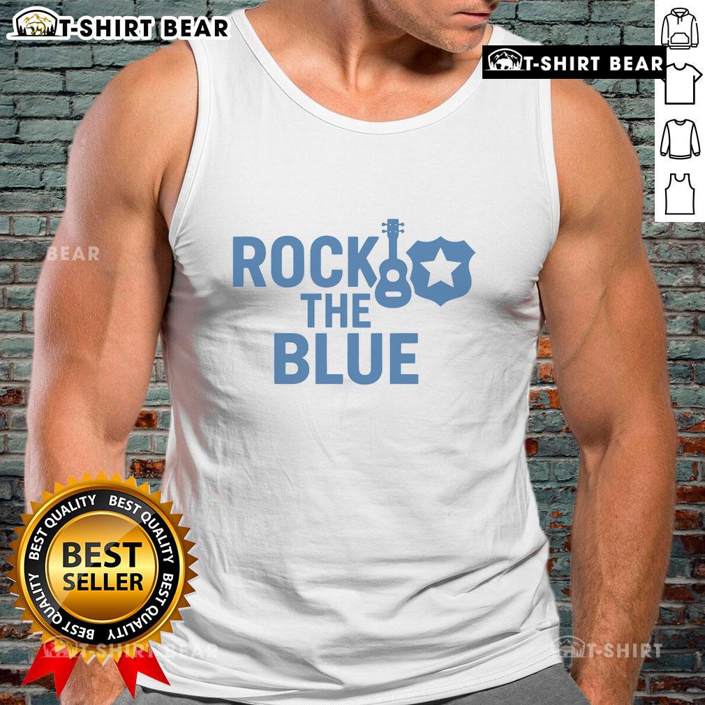 Top Guitar And Badge Rock The Blue Tank Top Top guitar and badge on a rock-themed blue tank top, perfect for music lovers and festival enthusiasts.
