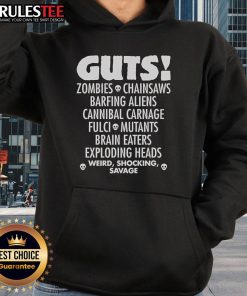 Top Guts Zombies hoodie featuring chainsaws, barfing aliens, and exploding heads in a vibrant horror design.