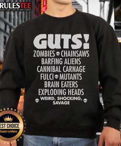 Graphic sweatshirt featuring zombies, chainsaws, and aliens in a horror-themed design for fans of Fulci and cannibal carnage.
