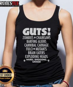 Tank top featuring Top Guts Zombies, chainsaws, aliens, and brain eaters in a vibrant, horror-themed design.