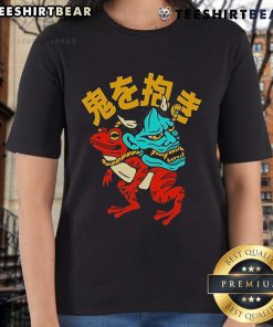 Top Hannya Frog Ladies Tee featuring a vibrant graphic design of a Hannya mask and frog, perfect for unique women's fashion.