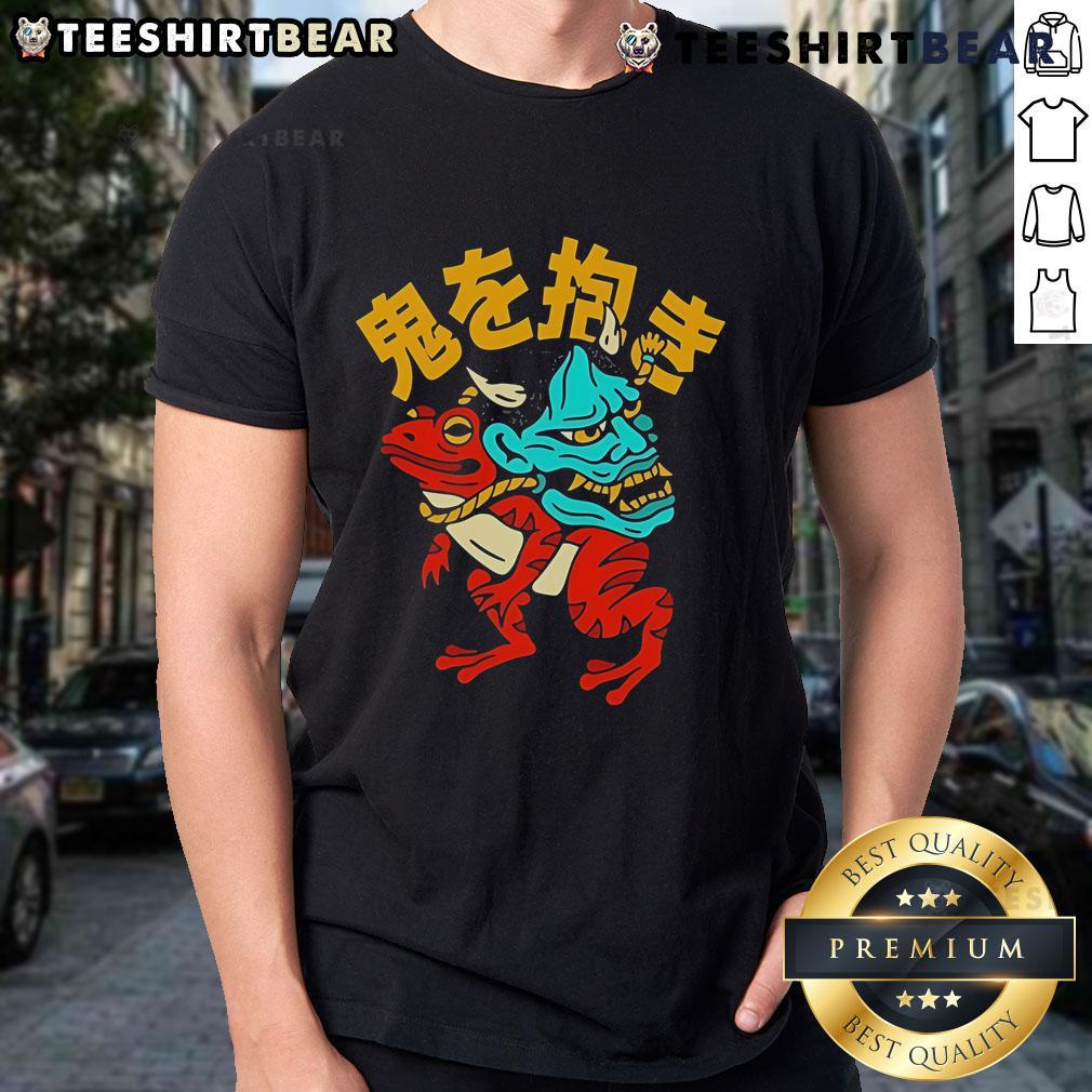 Top Hannya Frog T Shirt Alt Text: Stylish Top Hannya Frog T-Shirt featuring vibrant frog design, perfect for casual wear and unique fashion statements.