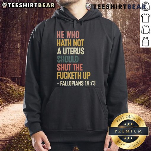 Bold 'Top-He-Who-Hath-Not-A-Uterus' hoodie design for Fallopians 19-73, perfect for expressing feminist views.