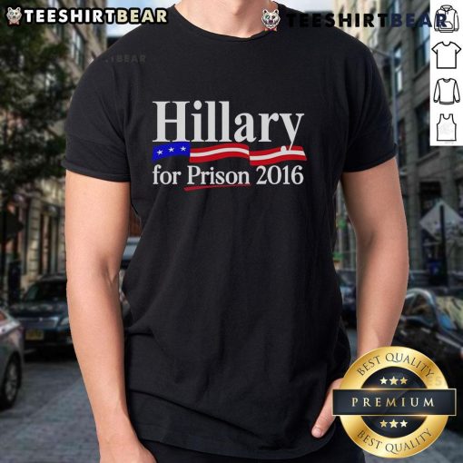 Top Hillary For Prison 2016 T-Shirt featuring bold text on a stylish black tee, perfect for political statement wear.
