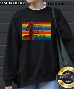 Black woman wearing 'I Am Black, Educated, Resilient' sweatshirt, embodying love, power, and unapologetic strength.