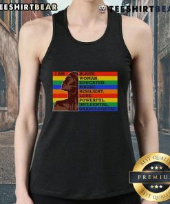 Black woman wearing 'I Am Black, Educated, Resilient' tank top, showcasing empowerment and strength in style.
