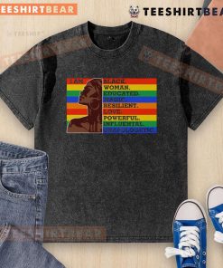 Black woman wearing 'I Am Black, Educated, Resilient' T-shirt, showcasing empowerment and pride in her identity.
