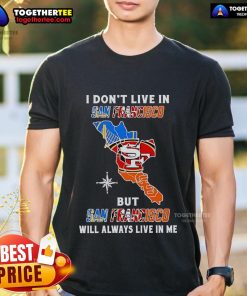 Alt Text: Top I Don't Live In San Francisco But San Francisco Will Always Live In Me Sports Teams T-Shirt design featuring city skyline.