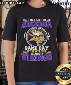 Arizona fan wearing a Minnesota Vikings ladies tee on game day, showcasing team spirit and loyalty.