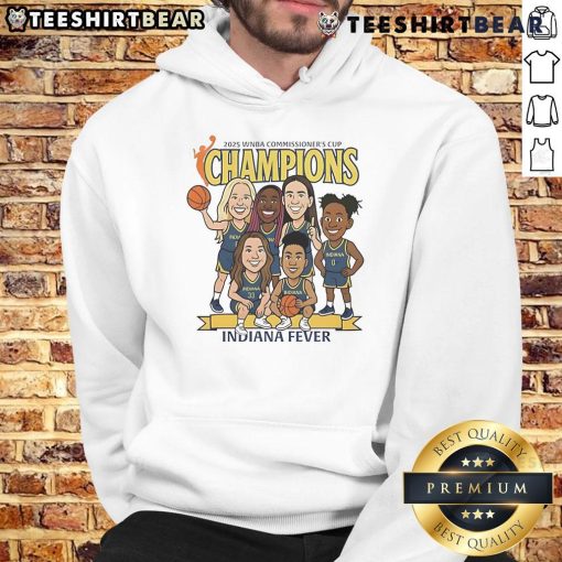 Top Indiana Fever caricature hoodie celebrating the 2025 WNBA Commissioner's Cup Champions in vibrant colors.