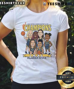 Alt Text: Top Indiana Fever caricature 2025 WNBA Commissioners Cup Champions ladies tee showcasing team spirit and celebration.