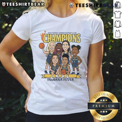 Alt Text: Top Indiana Fever caricature 2025 WNBA Commissioners Cup Champions ladies tee showcasing team spirit and celebration.