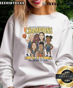 Alt Text: Top Indiana Fever caricature sweatshirt celebrating 2025 WNBA Commissioners Cup Champions with vibrant design.