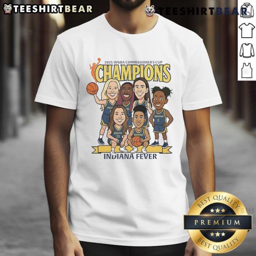 Alt Text: Top Indiana Fever caricature 2025 WNBA Commissioner's Cup Champions T-Shirt featuring vibrant team graphics.
