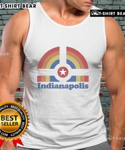 Vibrant top Indianapolis rainbow tank top displayed on a wooden background, perfect for summer fashion and pride events.