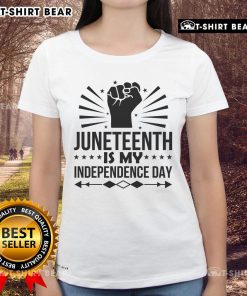 Top Juneteenth Is My Independence Day Ladies Tee featuring bold text design on a stylish shirt for celebration.