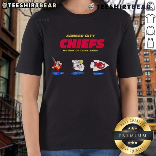 Kansas City Chiefs history of team logos on a stylish ladies tee, showcasing iconic designs in team colors.