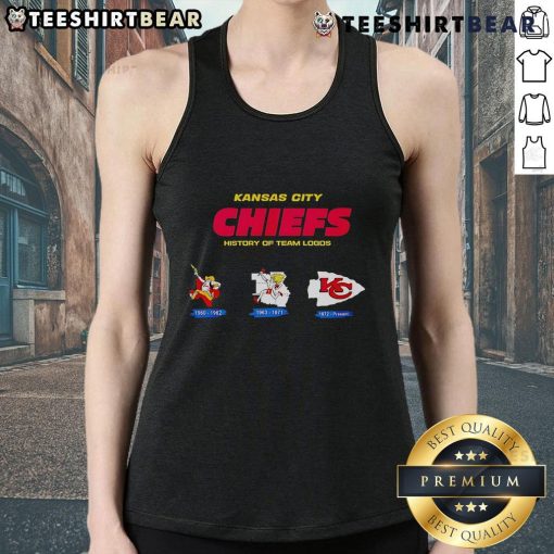 Tank top featuring the history of Kansas City Chiefs team logos, showcasing iconic designs in vibrant colors.