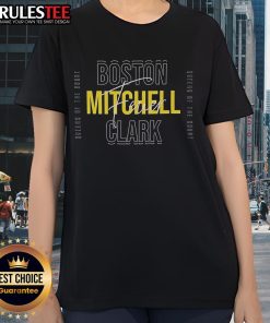 Top Kelsey Mitchell Indiana Fever basketball graphic on Boston Howard Clark Hall ladies tee shirt.