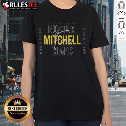 Top Kelsey Mitchell Indiana Fever basketball graphic on Boston Howard Clark Hall ladies tee shirt.