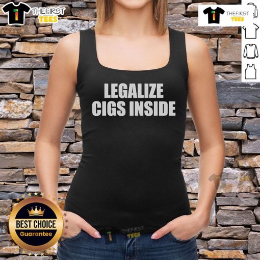 Woman wearing a 'Legalize Cigs' tank top, promoting tobacco legalization with a stylish and casual look.