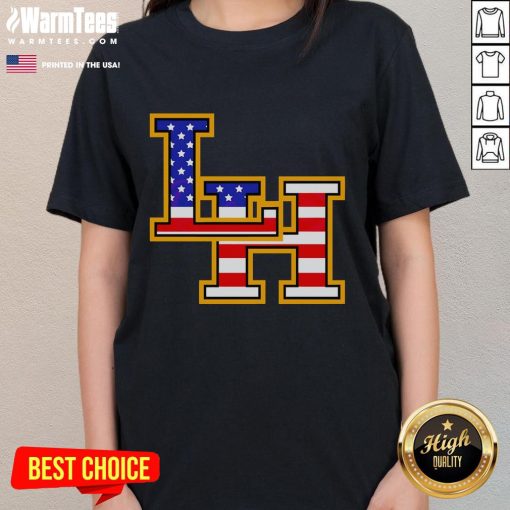 Alt Text: Top Liberty Hill Panthers Crown Trio USA Flag Patriotic Fourth of July Ladies Tee for festive celebrations.