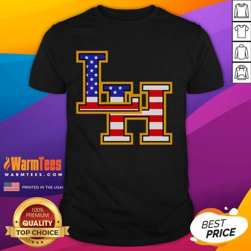 Alt Text: Top Liberty Hill Panthers Crown Trio USA Flag Patriotic Fourth of July T-Shirt featuring vibrant red, white, and blue design.