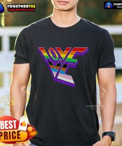 Top Love Pride Design T-Shirt featuring vibrant rainbow colors and a heart symbol for LGBTQ+ pride celebrations.