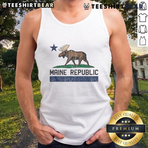 Top Maine Republic Moose Logo Tank Top featuring a bold moose graphic, perfect for outdoor enthusiasts.