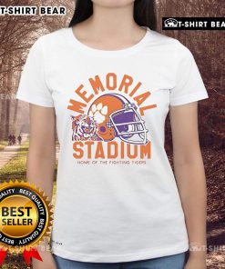 Alt Text: Top Memorial Stadium, home of the Fighting Tigers football, featuring a stylish ladies' tee in vibrant colors.