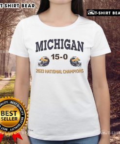 2023 National Champions Michigan Wolverines ladies tee featuring team logo and vibrant colors, perfect for fans.