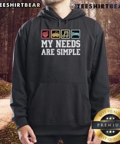 Cozy hoodie featuring 'My Needs Are Simple' graphic with ramen, video game, music, and sleep themes.