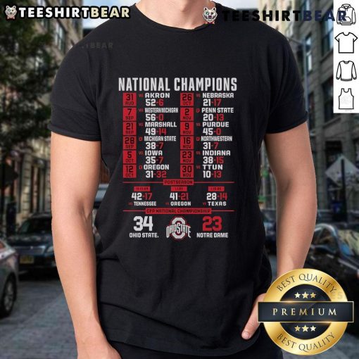Ohio State National Champions T-Shirt celebrating CFP victory over Notre Dame with score 34-23.
